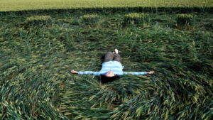Patty Greer in a crop circle in UK